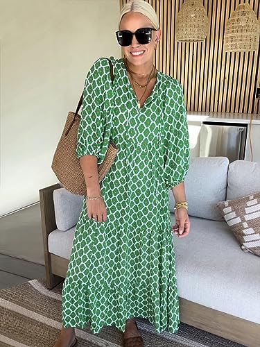 Image of miduo Womens Loose Fit Casual Summer V Neck Half Sleeve Bohemian Geometric Pattern Maxi Long Dresses