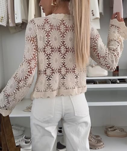 SOMTHRON Women's Boho Hollow Out Crochet Knit Crop Cover Up Long Sleeve Button Down Beach Shirt Tops4