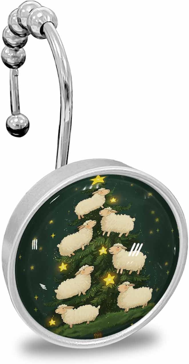 Shower Curtain Hooks 12 Pcs Christmas Xmas Tree Cute Sheep Night Star Stainless Steel Rust Proof Rolling Shower Curtain Rings, Decorative Shower Curtain Hooks Hangers for Bathroom