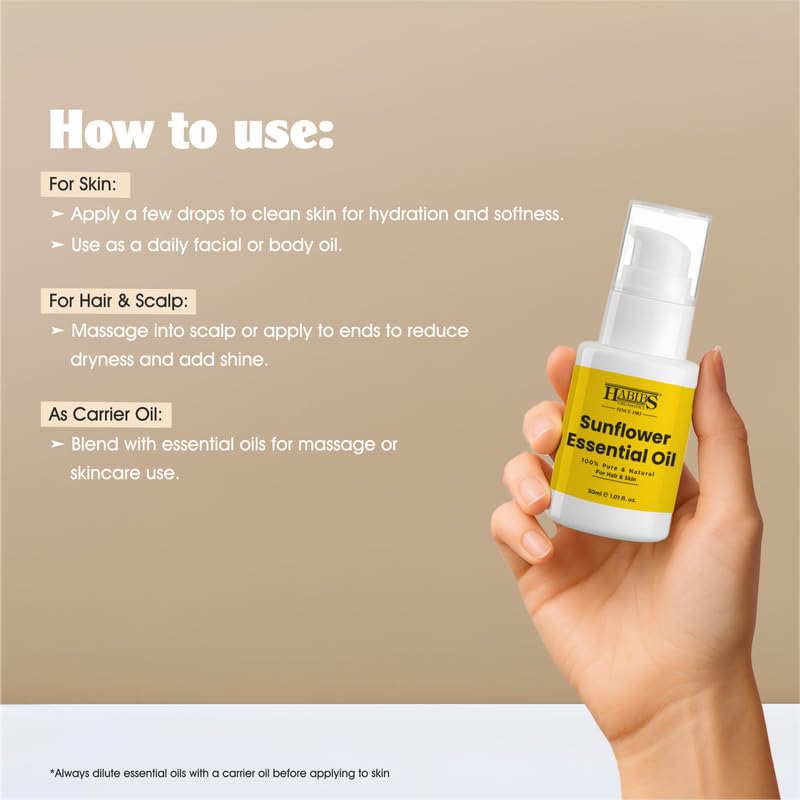 Image of Habibs Orgamatic Pure Sunflower Carrier Oil - 100% Natural, Cold-Pressed for Skin, Hair & Massage 30ML