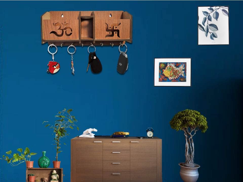 Image of Wooden Om Design TV Remote Mobile Stand Key and Pen Holder for Home, Office, Hall, Living Room Pocket Pen Special Designer Home Furnishing Two Box Wall Mounted Wall Keys Holder