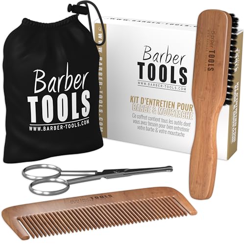 Kit d’Entretien Barbe & Moustache Barber Tools – Brosse 100% Poils de Sanglier & Bois de Poirier, Peigne en Bois, Ciseaux à Bouts Arrondis, Sac de Rangement –...