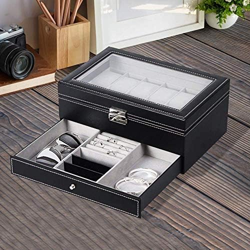 HAITRAL Watch Box,12 Slot Double-Layer Watch Box Premium Display Craft,Luxury Case Organizer,Elegant Organizer for Jewelry,Bracelets,Necklaces,Black