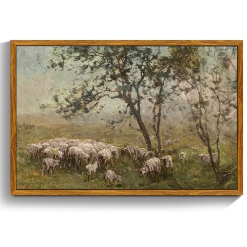 crmotu Vintage Framed Wall Art, Animal Landscape Canvas Prints, Prairie Sheep Rustic Farmhouse Decor Pictures, French Country Retro Paintings Wall Decor Living Room Bedroom Bathroom Kitchen 20x30in