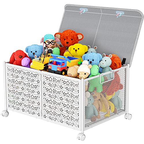 PHINOX Toy Box Storage, Toy Chest Toy Organizers and Storage Bins, Large Toy Box for Boys Girls, 70L Toy Organizer with Wheels, Collapsible Metal Kids Toy Storage for Nursery, Playroom(White)