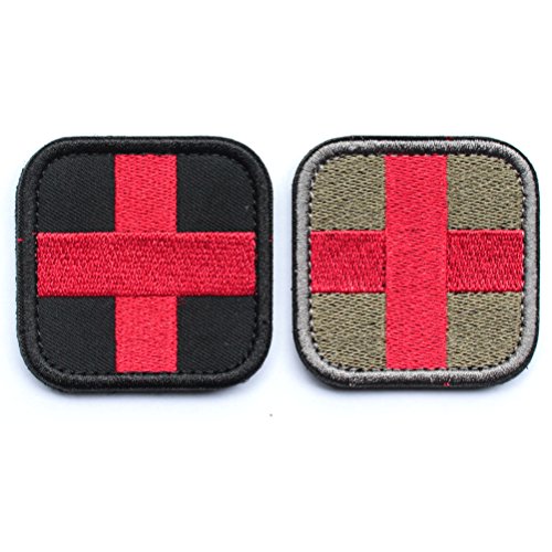 2pcs Bundle - Embroidered Medic Cross Tactical Patch with backing red & black / Red & Green Decorative Badge appliques
