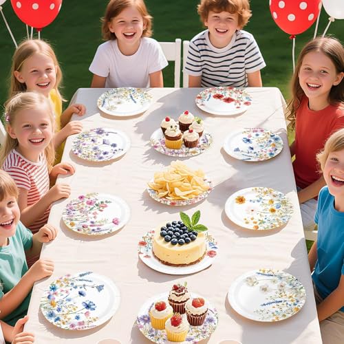 Image of 60Pcs Wildflower Paper Plates 7 inch for Wedding Birthday Party | Summer Floral Dessert Cake Paper Plates Disposable Spring Garden Flower Platters for Bridal Baby Shower Party Supplies