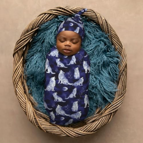 Image of Grey Wolves and Moon Newborn Swaddle Blankets Hat Sets Soft Baby Receiving Blanket Swaddle Sack for Baby Shower Infant Boy Girl Gift