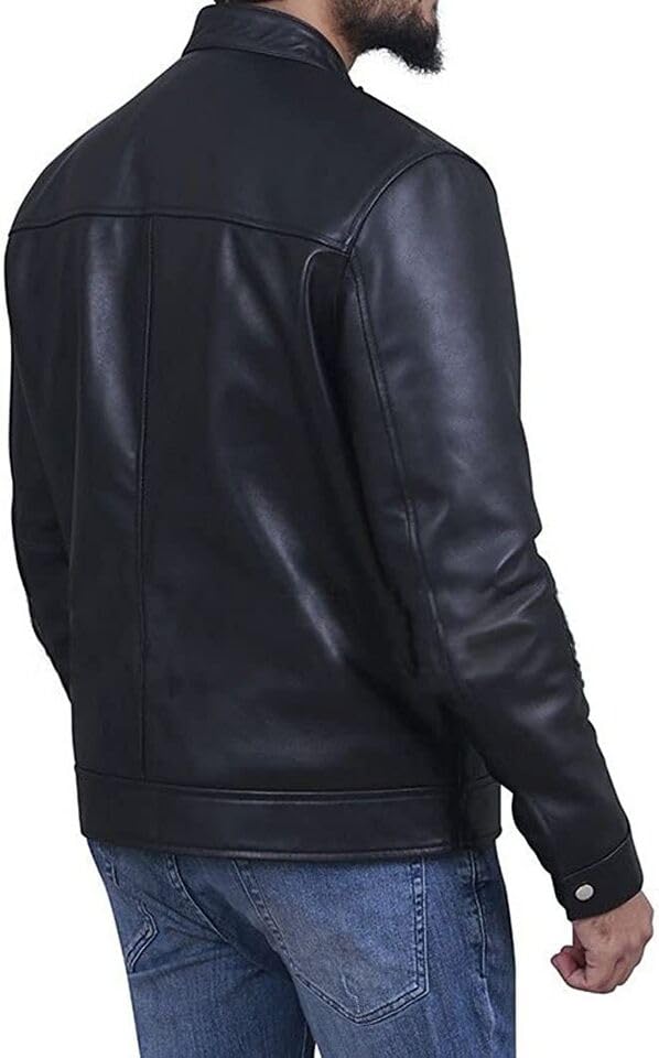 Image of Men's Leather Jacket Cafe Racer Biker Style Retro Stripes Jacket, Motorcycle Racing Leather Jacket Men