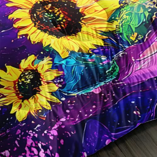 Image of AILONEN Oil Sunflower Printed Queen Size Comforter Set for Kids Teens Girls Women,Yellow Floral Purple Bedding Set for All Season Use,1 Quilt and 2 Pillowcase