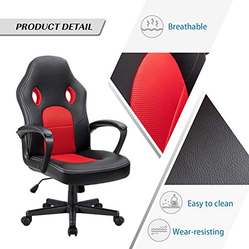 Image of Furmax Red Gaming Chair, Adjustable Swivel Desk Chair with Padded Armrests and Lumbar Support, Leather and Mesh Design