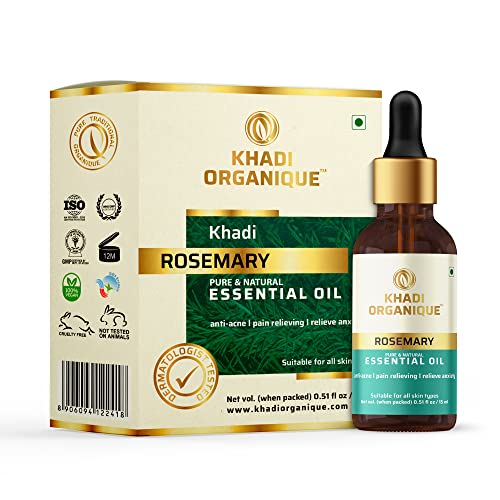 Image of Khadi Organique Rosemary Essential Oil For Hair Growth, Anti-Acne & Glowing Skin | 100% Natural & Therapeutic Grade Aromatherapy | Undiluted, Steam Distilled, Diffuser, Massage & DIY Beauty - 15ml