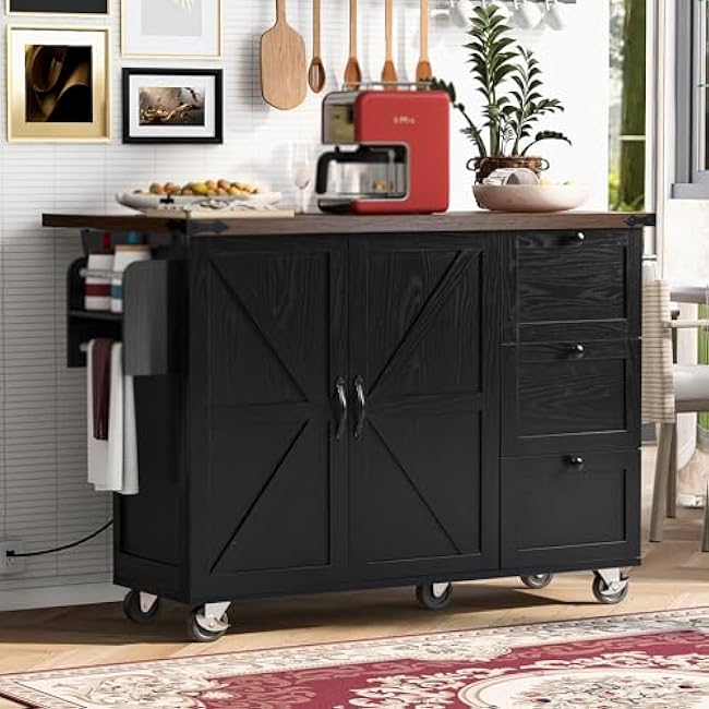 Drop Leaf, Rolling Cart,Storage Cabinet,54.5,Artificial Board,on Wheels, with Power Outlet, with Internal Storage Rack, Spice Rack,Kitchen,Dining Room-wnde0LDo