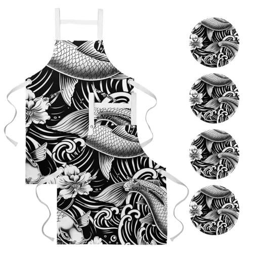 Tablier poisson tatouage japonais imperméable : lot de 2 anti-taches