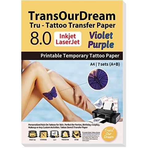 TransOurDream Tru-Tattoo Transfer Paper Inkjet & Laser Water Decal Transfer New Year Temp Little Printable Fake Customized Kids Featival Tattoos on Candles Girls A4×7 Purple(TATTP-08-7) Cover