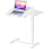 DUMOS Overbed Bedside Table Adjustable with Wheels, Mobile Standing Stand Up Rolling Laptop PC Desks with Tilting Top Height Tray Side Computer Workstation for Bedroom on Hospital Home Use, White