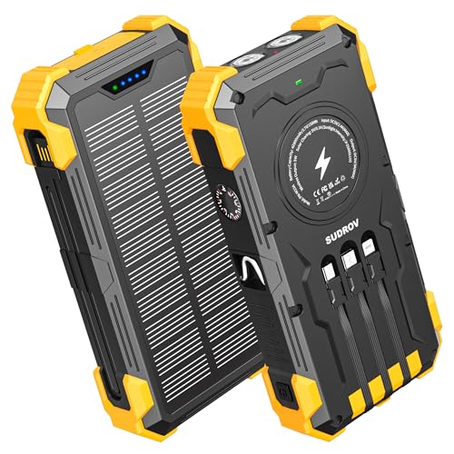 Sudrov Solar Charger Power Bank, 42800mAh Wireless Portable Charger with USB-C in/Output, QC3.0 Fast Charging 15W 4 Ports Outdoor Battery Pack Built-in Dual Led Flashlights for iPhone Samsung etc Red