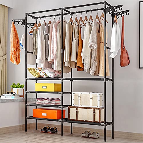 Review MOAMUN Metal Garment Rack Clothing Hanging Rack Free Standing Clothing Hanger with Top Rod,Lower Storage Shelves for Home Bedroom Laundry (Black)
