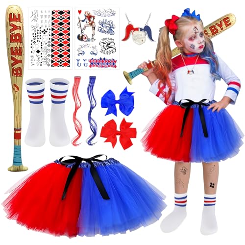 SHOWHEEL Chicas Villano Suicide Traje, Disfraces Halloween Niña, con Falda de Tul con collar, Bate de Béisbol Inflable, Calcetines, Paquete de Pelo, para Cosplay de Carnaval Halloween