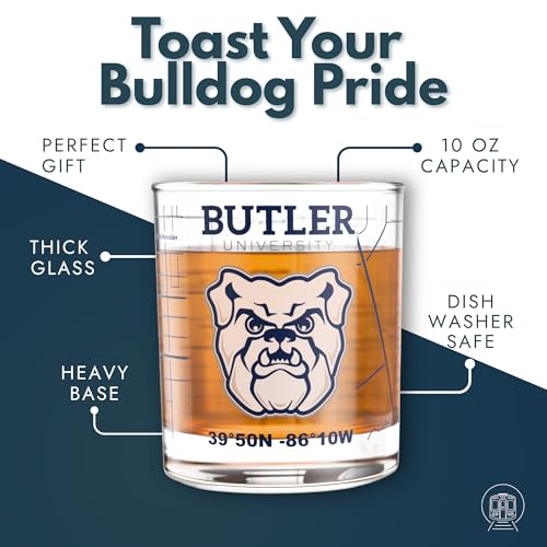 Image of Greenline Goods - University of Butler Bulldogs College Whiskey Glasses (Set of 2), 10 oz - Full-Color Logo + Campus Map