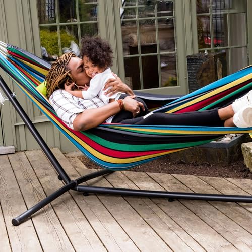 Image of Vivere Double Cotton Hammock with Space Saving Steel Stand, Upgraded Polyester End Strings 450 lb Capacity - Premium Carry Bag Included (Rio Night)
