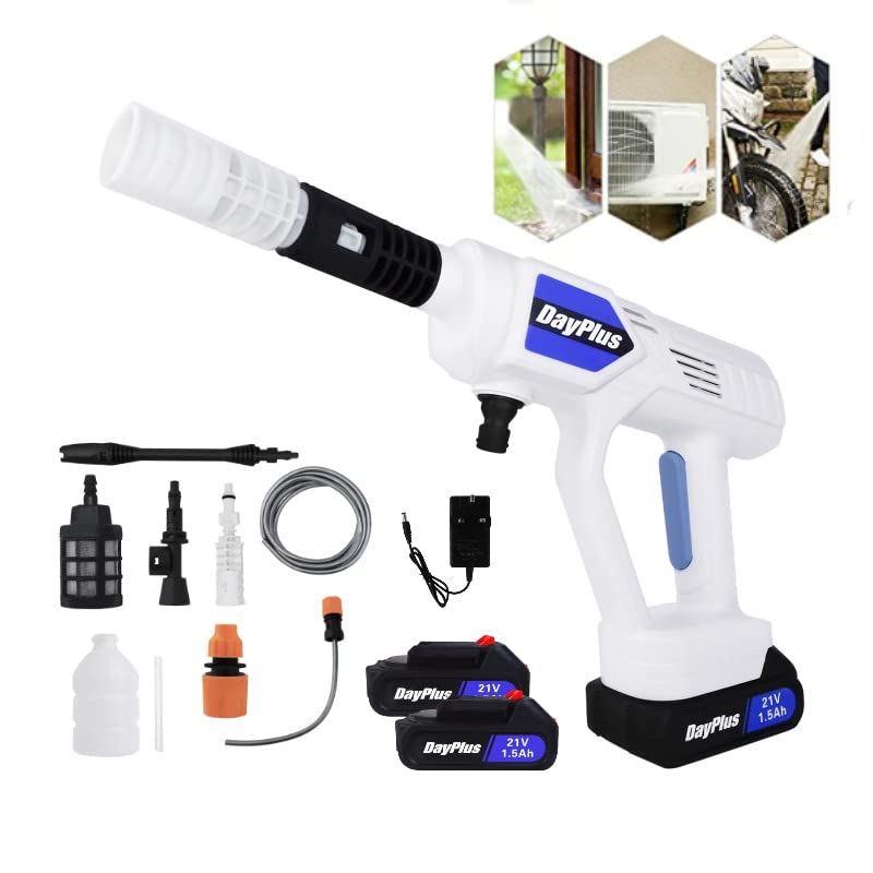 Cordless Jet Wash Power Washer 21V 30Bar High Pressure Cleaner with 3 Nozzles Extension Lance 5M Hose Ideal for Washing Cars Cleaning Fences Garden Floors (21V/2x1.5Ah Battery)
