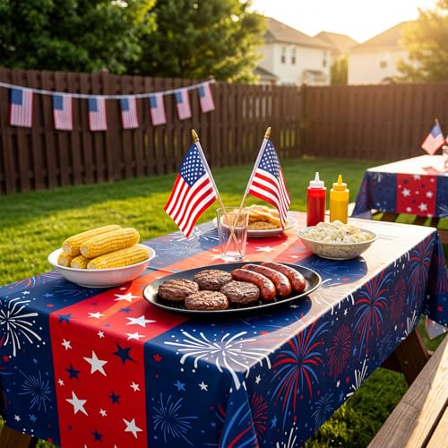 Image of Newwiee 6 Pcs 4th of July Patriotic Tablecloth Disposable American Flag Table Cloth Plastic Red White Blue Independence Day Rectangle Table Cover 250th Decoration(Fireworks,51x87)