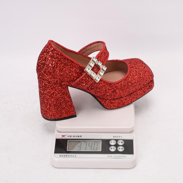 Glitter Sparkle Mary Jane Pumps for Women Square Toe High Block Heel Buckle Strap Party Wedding Cosplay Platform Shoes Plus2
