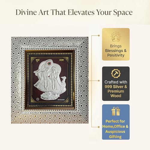 Image of ARTSMINE - 999 Pure Silver Radha Krishna Frame - Pure Silver Sheet with Purity Certificate & Resale Value | Pooja Room, Home & Office Decor | Wedding, Corporate & Housewarming Gift | Handcrafted Table Top & Wall Mount - 1 Unit (20 x 22 CM)