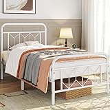 Topeakmart Twin Bed Frames Metal Platform Bed with Vintage Style Headboard/Mattress Foundation/No Box Spring Needed/Under Bed Storage/Strong Slat Support White Twin Bed