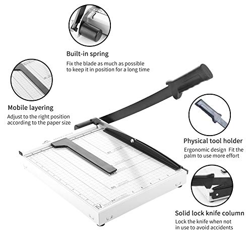 Paper Cutter Guillotine, Paper Cutter and Trimmer with Dual Paper Guide Bars, Heavy Duty Metal Base Trimmer for Home, Office, 12 Sheets Capacity, A4 Size, 12 Inch Cut Length (White)