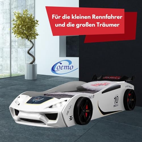 Coemo Autobett Vento Kinderbett Weiß 90x200 cm im Rennwagen-Design mit Lattenrost und LED Scheinwerfern - Perfekt für kleine Rennfahrer- LxBxH 260x109x60