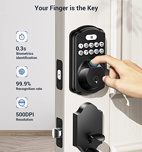 Veise Fingerprint Door Lock Set, Keyless Entry Door Lock, Front Door Handle Sets, Electronic Keypad Deadbolt With Lever Handle, 2 Keys, Auto Lock, Code Door Lock, Easy Installation, Matte Black #TOP1