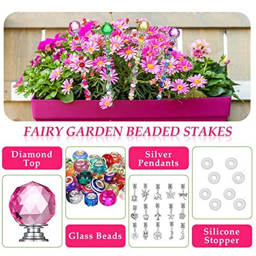 Mtlee Garden Stakes Decorative Beaded Garden Stakes With Crystal Stopper Top Round Glass Bead Antique Silver Bail Bead With Pendant Silver Bead For Outdoor Decoration(Vintage Style,101 Pieces) #TOP3