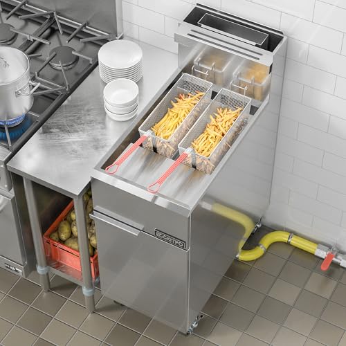 Image of EGGKITPO Commercial Liquid Propane Gas Fryer 3 Burnner 90,000 BTU CSA Certified Commercial Deep Fryer with 40lb. Oil Capacity Stainless Steel Floor Fryer with 2 Baskets for Restaurant and Business Use