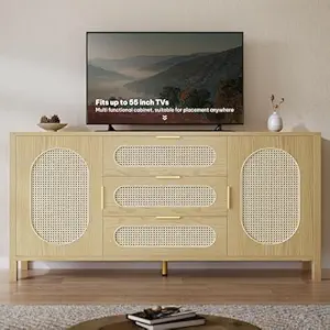 DWVO TV Stand 3 Drawer Dressers Storage Cabinet Natural Rattan Oak Wooden Chest with Golden Handles - Modern Large Closet Boho for Living Room/Hallway/Entryway