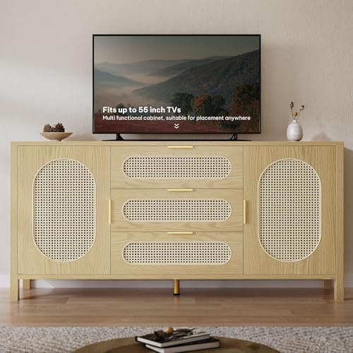 DWVO TV Stand 3 Drawer Dressers Storage Cabinet Natural Rattan Oak Wooden Chest with Golden Handles - Modern Large Closet Boho for Living Room/Hallway/Entryway