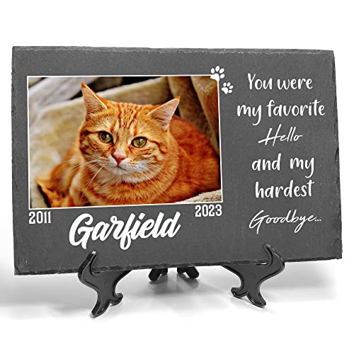 TULLUN Personalized Memorial Plaque + Stand for Pet Cat Dog Slate Stone Frame Paw Grave Marker - Size | 7.8