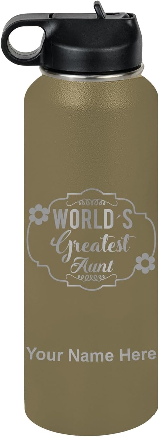 LaserGram Personalized Water Bottle, World's Greatest Aunt, Stainless Steel Double Wall Vacuum Insulated with Flip Top Straw, Custom Engraved Gift (40oz / 1180ml Camo Green)