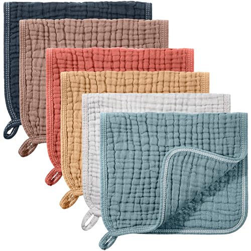 Image of Hicarer 6 Count Muslin Burp Cloths Cotton Baby Burping Rags Large 20 x 10 Inch 6 Layers Spit up Rags Soft Absorbent Multicolor Wash Cloths Diapers for Newborn Baby Girl Boy(Retro Colors Series)