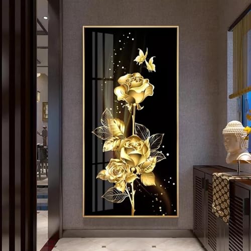 Affiche abstraite fleur noire dorée LSYALUCK 60x132cm avec cadre