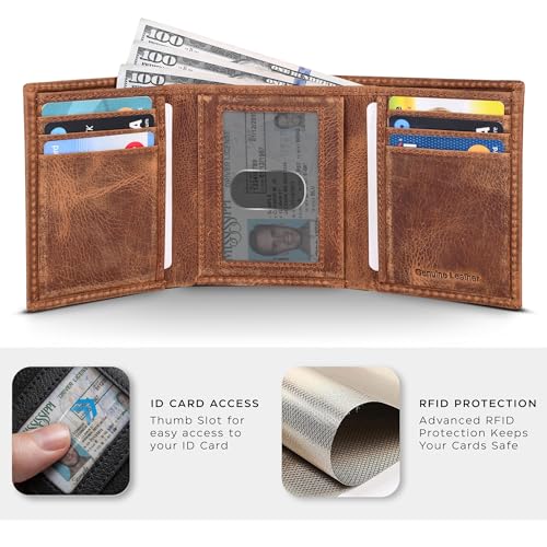 Image of Tri fold Leather Wallet for Men with RFID | Slim Wallets for Men with 1 ID and 6 Credit card slots | Front Pocket Minimalist