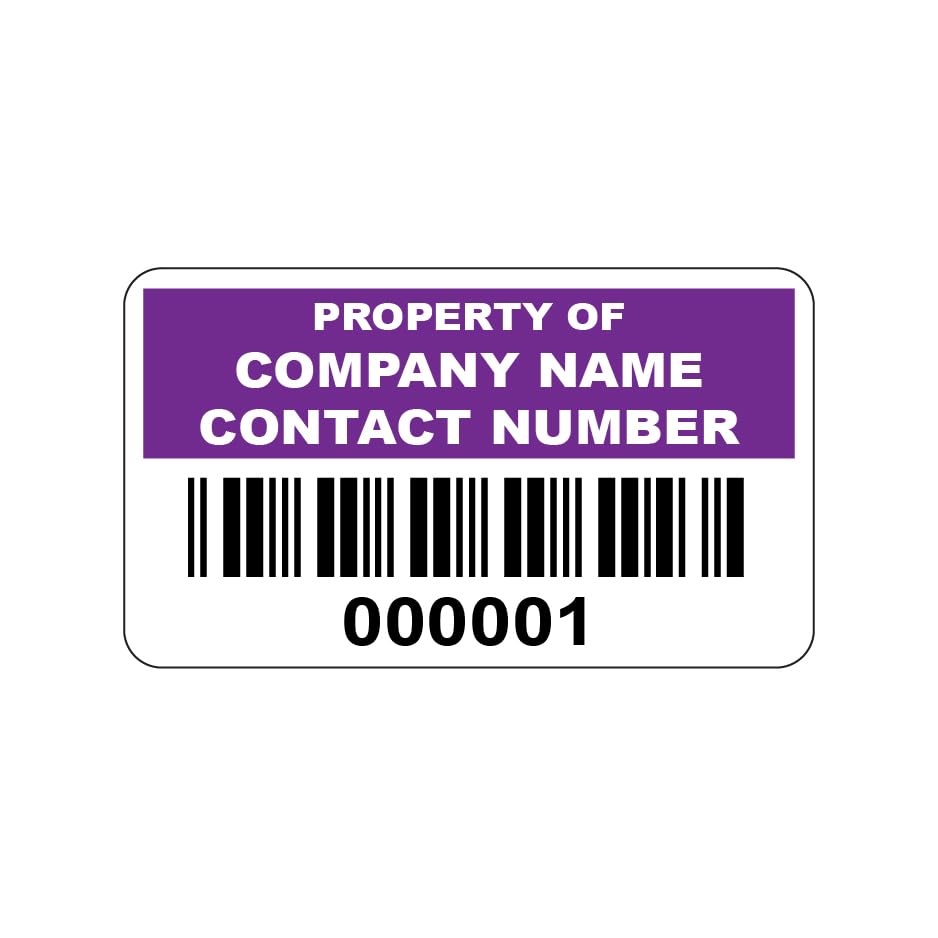 1000 Purple Personalised Barcode Asset Tag Labels Custom Stickers- 38mm x 20mm Permanent Vinyl Labels - Simple to Customize