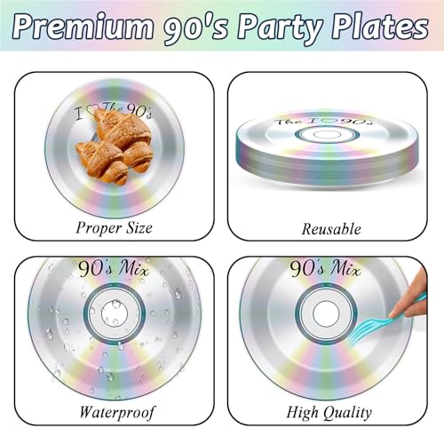 Image of CHUNNIN 200Pcs 90's Party Paper Plates and Napkins for 50 Guests | Durable Paper Material, I Love The 90s Theme Birthday Party, Disposable Dessert Tableware, 90's Mix CD Party Decorations