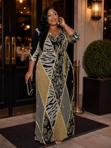 Image of PinkPatty Women's Plus Size Maxi Dresses Casual Flowy 3 /4 Sleeves Dress Printed Vacation Dress for Daily Wear with Belt