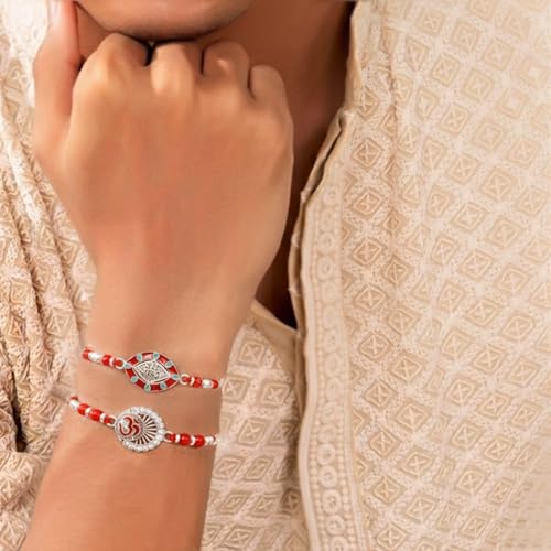 Image of Peora Rakhshabandhan Thread Rakhi for Brother Bhaiya | Kundan Beads & Crystal Studded | Combo Set of 2 | Rakhi Hamper Roli Chawal & Greeting Card