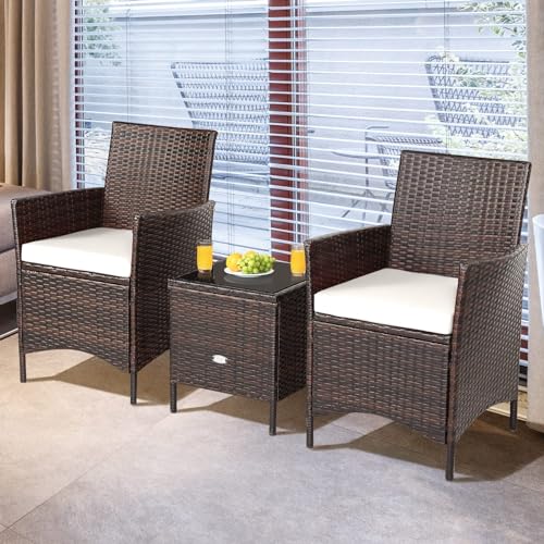 HAPPYGRILL 3 Pieces Rattan Patio Bistro Set, PE Wicker Furniture Set Outdoor Conversation Set with Coffee Table & Soft Cushions Porch Furniture Set for Garden Lawn Poolside Backyard - Image 4