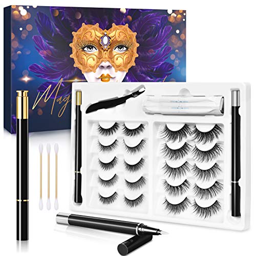 10 Pairs Magic False Eyelashes with Eyeliner, 5D Eyelash Glue Black Free Non Magnetic Eyelashes Falscara Eyelash Starter Kit with 2 Liquid Eyeliner Waterproof Eyelashes Mink-No Glue Needed