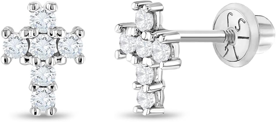 14k White Gold Tiny Clear Cubic Zirconia Religious Cross Screw Back Earrings for Girls, Small Stud Earrings for Toddlers - Little Cross Earrings for Children, Elegant Studs for Kids