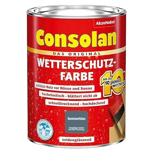 Consolan Weather Protection Paint, Opaque Wood Protection for Outdoors, Summer Blue, 750 ml